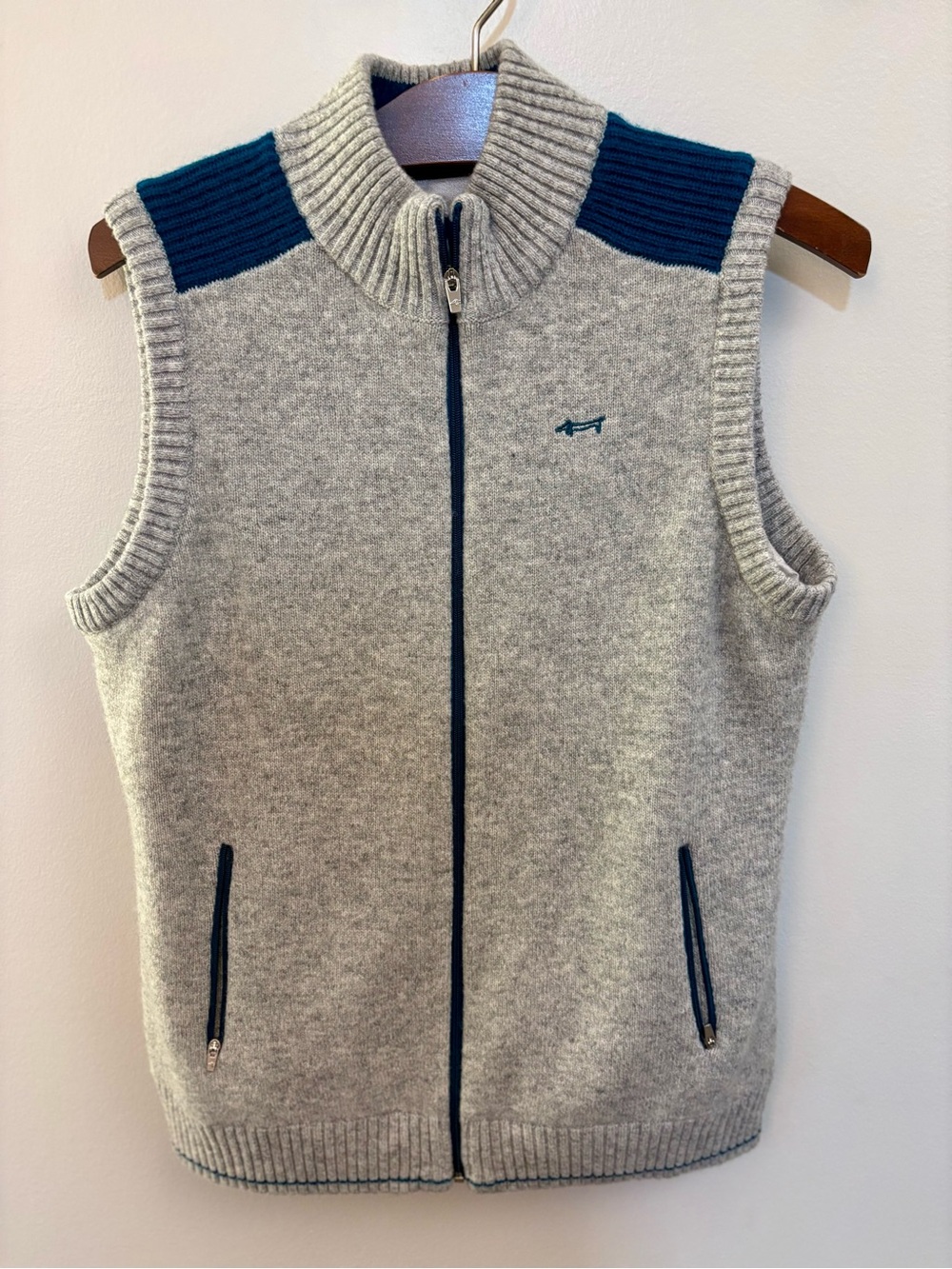 Louis Castel Mens Wool Full Zip Golf Sweater Vest Gray Teal Small Sz 100 S S/M
